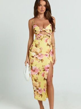 Yellow Floral Cutout Midi Dress with Side Slit
